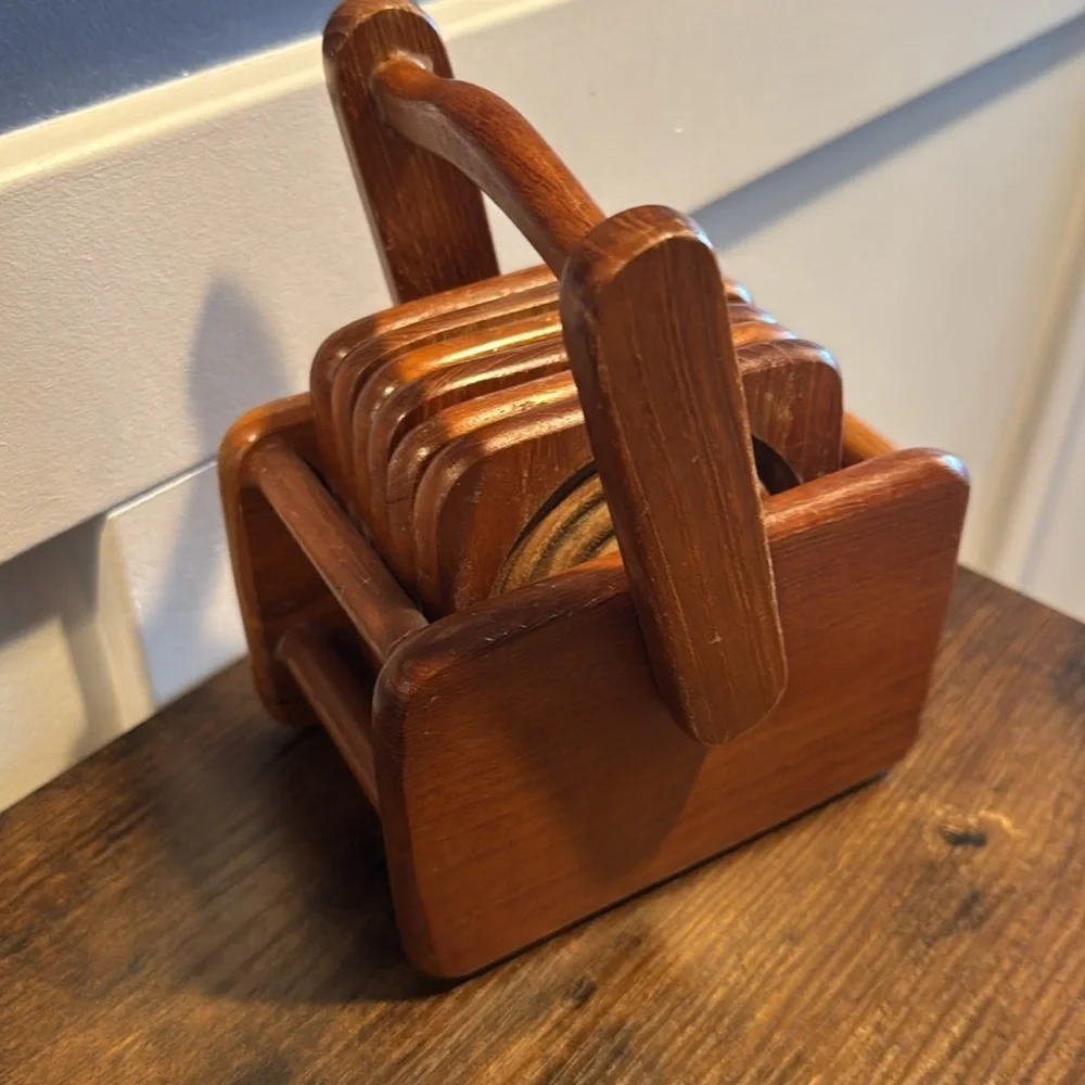 Vintage set of 6 Winsome ART MCM Square Coasters & Rack Teak Wood